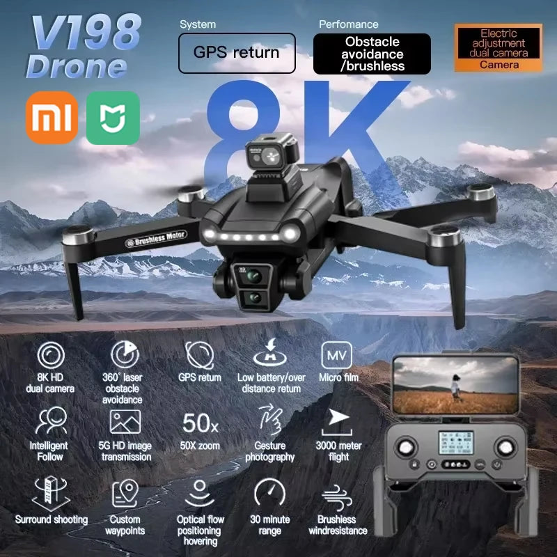 Xiaomi  V198GPS Drone ESC 8K HD Profesional Brushless Laser Obstacle Avoidance Aerial Optical Foldable Quadcopter Dron New