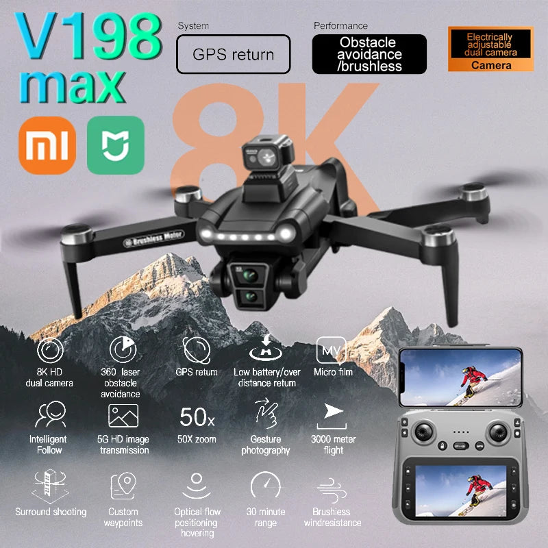 Xiaomi  V198GPS Drone ESC 8K Profesional Brushless Laser Obstacle Avoidance Aerial Optical Foldable Quadcopter Mini Dron