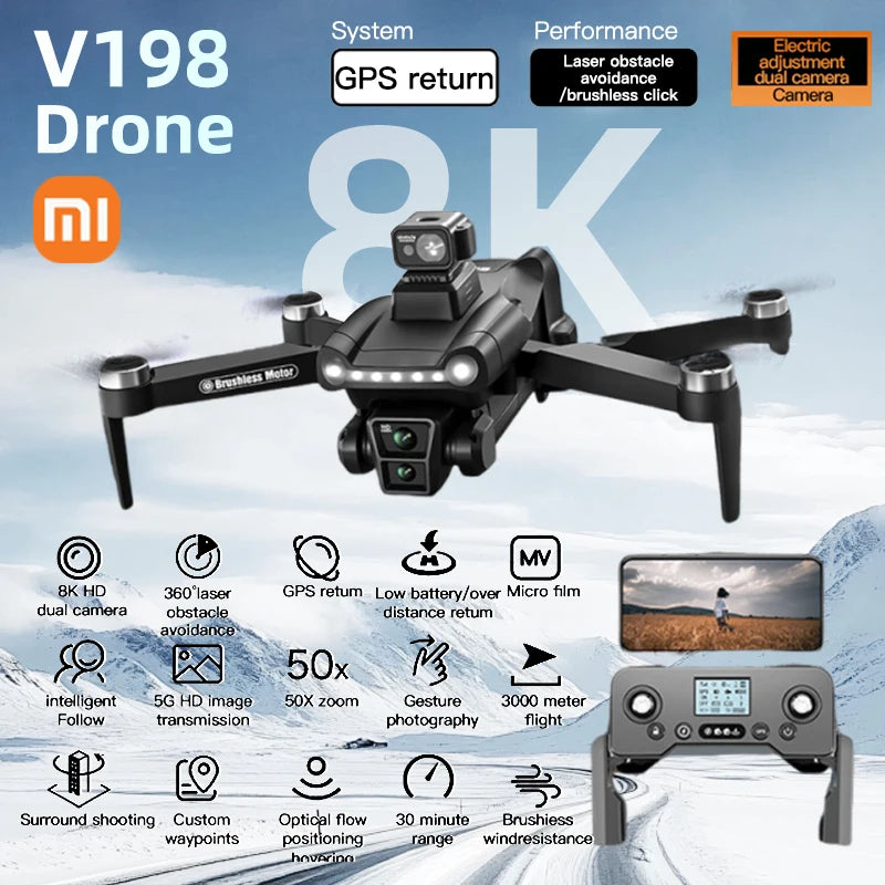 Xiaomi V198 GPS Drone 4K Professional HD Dual Camera 5G Wifi Photography Brushless Foldable Quadcopter RC Distance 8K Dron Toys