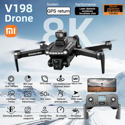 Xiaomi V198 GPS Drone 4K Professional HD Dual Camera 5G Wifi Photography Brushless Foldable Quadcopter RC Distance 8K Dron Toys